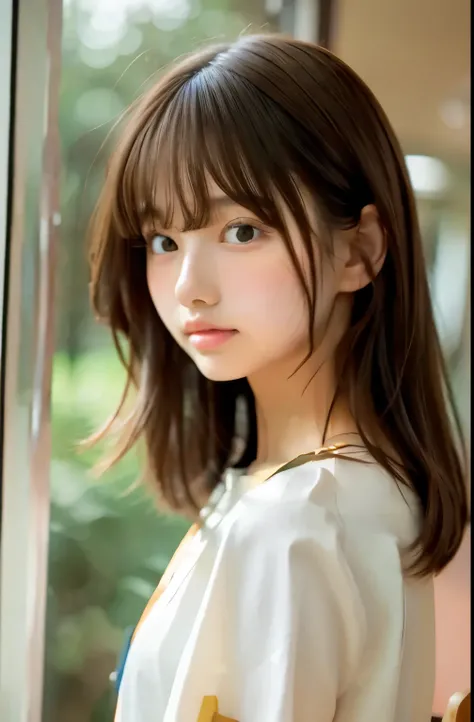 Female College Student　cute　 natural feel 　Japanese like a boy　shoulder-length hair in the Japanese-style room in the morning　 My hair color is brown 　hair blown in the wind　white blouse