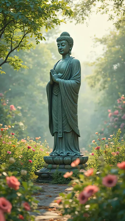 Buddha statue, landscape, around flowers and green trees, morning mode,4k,