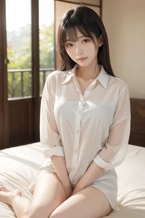  high quality photo ,Japanese woman,Adult mood,Healthy and shiny,seductive smile,Flexible body shape,large collar shirt,sits on the bed,natural light,Graceful posture,Slender expression,Soft Bokeh,Tranquil Garden Surrounded by Warm Colors,Exquisite Texture...