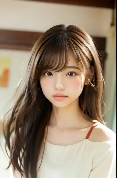 Female College Student　cute　 natural feel 　Japanese like a boy　shoulder-length hair in the Japanese-style room in the morning　 My hair color is brown 　hair blown in the wind　white blouse