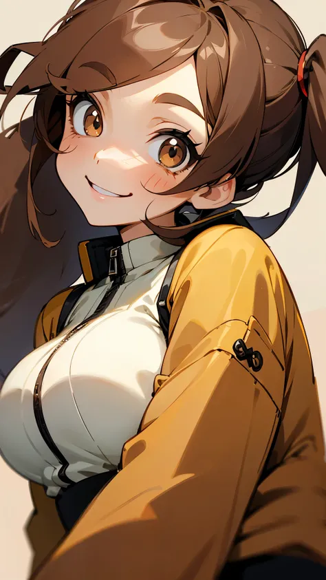  mischievous girl 、big eyes、Dark brown eyes、light brown hair、side ponytail、big breasts、stupid hair、smile、smile、Close up of the upper body wearing a long sleeve jacket