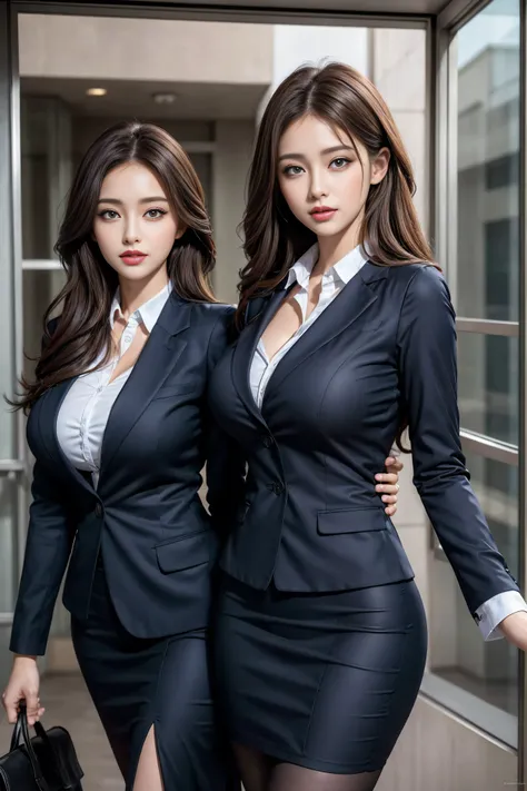 ( 2 girls), beautiful, amazing face ，big blue eyes， brown curls ， sexy and plump red lips ，cosmetic, (Extremely delicate beautiful face), (The sexiest look), (beautiful big breasts:1.1), (best quality:1.4), (super detailed), (Extremely detailed CG uniform ...