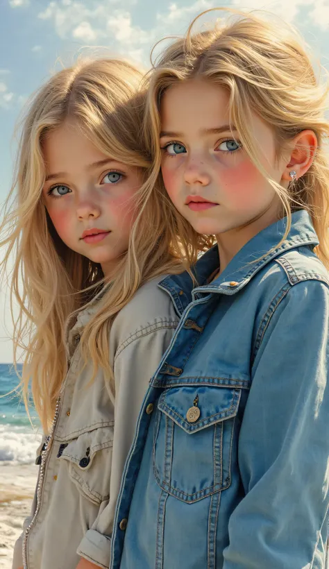  Deux jeune filles de 11 ans jumelle blonde primtemps réaliste s’enlacent realiste dans un style de peinture à l'aquarelle transparent, Eyes safe and   se concentrered .realiste ,faire preuve de prudence、 dangereux: 。Ses mouvements sont agiles、   se concen...