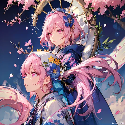 Maiden, blue white short kimono, flower accessory, (pink cheeks), (long pink hair:1.3), beautiful eyes, detailed eyes, detailed background, flower background, falling petals