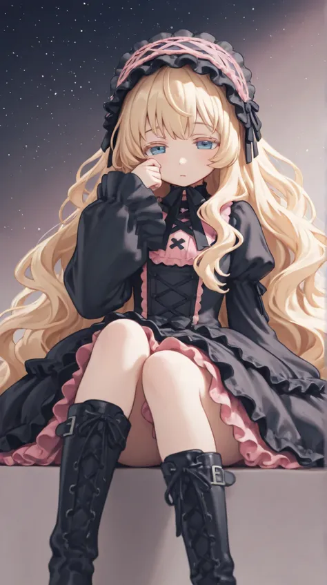 illustration,1girl,solo,wavy hair,long hair,very long hair, blonde hair,sleepy,tareme,blue eyes,cute fase,blonde eyelashes,tareme,gothic lolita fashion,legs togather,black long boots,sitting,feet out of frame,black and pink clothes,limited color,starry sky...