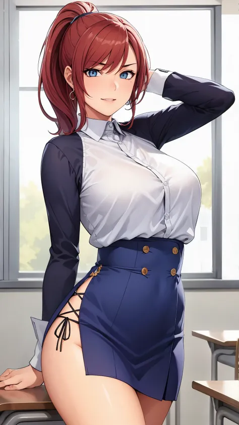 realistic, masterpiece, top quality, perfect anatomy, (beautiful eyes), One high school girl, Dark blue uniform, Big Breasts, ponytail, earrings,  pelvic curtain, (wide hips), has a smiling face, is embarrassing,  open,  put your feet up , put your feet up...