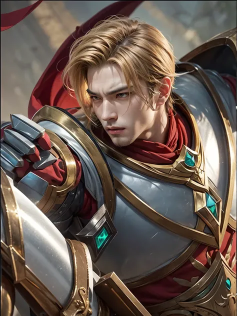 a close up of a person with a sword and a red cape, a character portrait inspired by Huang Shen, trending on cg society, fantasy art, male paladin, a human male paladin, artgrem, gold paladin, arsen lupin as a paladin, fantasy paladin, holy paladin, paladi...