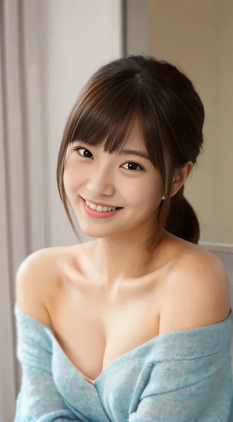 masterpiece,best quality,(Japanese girl),((Beautiful girl)),cleavage,(off shoulder:1.2),(perfect body beauty:1.2),(shy smile),From slightly above