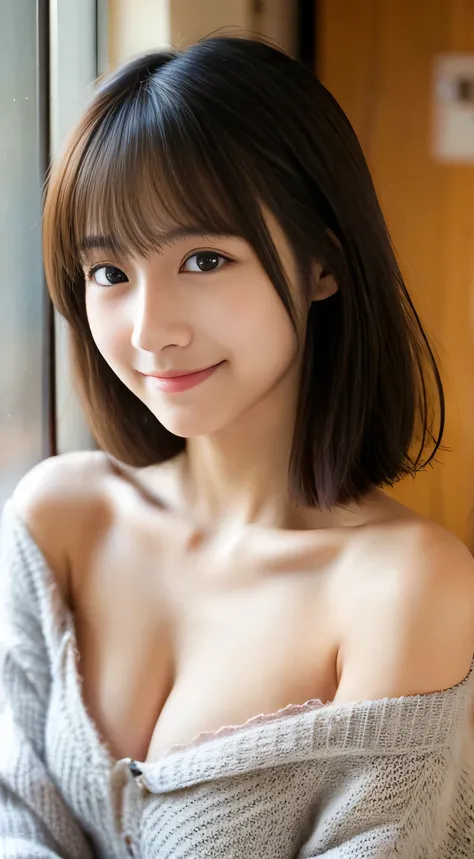 masterpiece,best quality,(Japanese girl),((Beautiful girl)),cleavage,(off shoulder:1.2),(perfect body beauty:1.2),(shy smile)