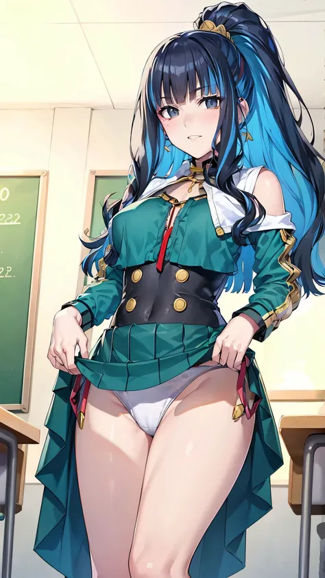 realistic, masterpiece, top quality, perfect anatomy, (beautiful eyes), One high school girl, Dark blue uniform, Big Breasts, ponytail, earrings,  pelvic curtain, (wide hips), has a smiling face, is embarrassing,  open,  put your feet up , put your feet up...