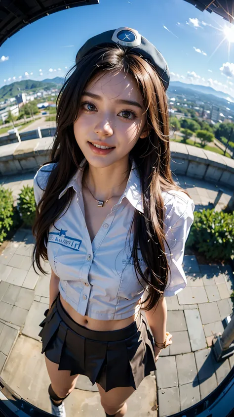 top quality, masterpiece,  Ultra High Resolution ,8k, (realistic:1.6), ( facing each other portrait ) RAW photo, 1 girl,(Full of smiles,  teeth)), 22 years old,((Korean idol Karina fashion)),((miniskirt uniform and undershorts)),((Straight black long hair)...