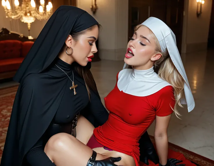 Featured: Gorgeous transgender woman Bettie Page, completely covered in a precious large black cloak with fiery red interior, strap-on fucking a fully clothed blonde nun, Bettie has black hair tied in a ponytail, 23 years old, blue eyes, one of the women h...