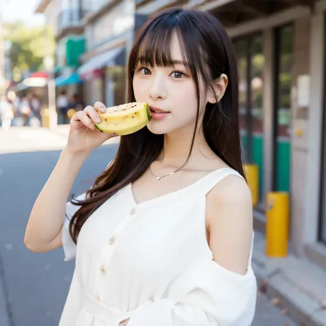 She is holding a banana with its peel partially removed, revealing the white fruit inside. She is eating the exposed white part. Black hair, shoulder-length, dark eyes. 