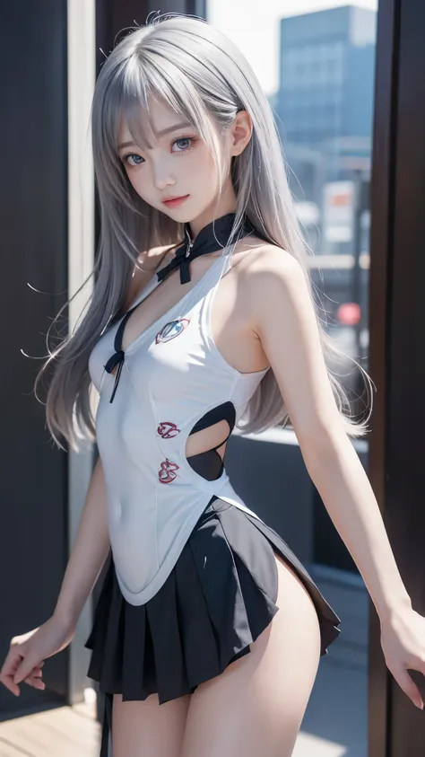 長い髪と白いコートを着た Anime Girlが廊下に立っています, Frontline Girl Style , ((Accentuated small breasts)),  Girls from Frontline ,  Arknights,  animated portrait of a space student girl , かわいい Anime Girl,  ((Slender body line drawing delicate eyes and face)), cute girl anim...