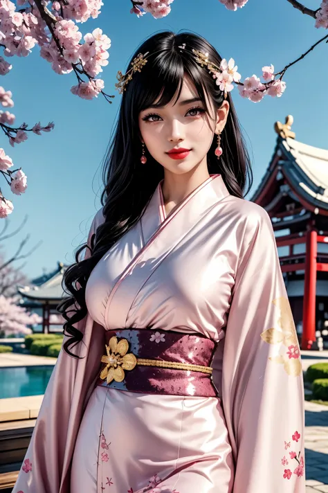 beautiful black hair ,shortcuts,Aligned bangs,Bright red lips,Pink Eyes,white skin,Beautiful Japanese clothing,smile,super high quality,Ultra High Quality,masterpiece,dslr,photorealistic, Detailed Details,Vivid details,is drawn in detail,detailed face, De...