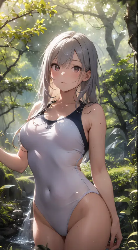 Set against the backdrop of a deep, lush forest, multiple young and beautiful Japanese women are depicted in full-body view, lying gracefully on the soft, natural forest floor with dappled sunlight filtering through the towering trees. They wear classic sc...