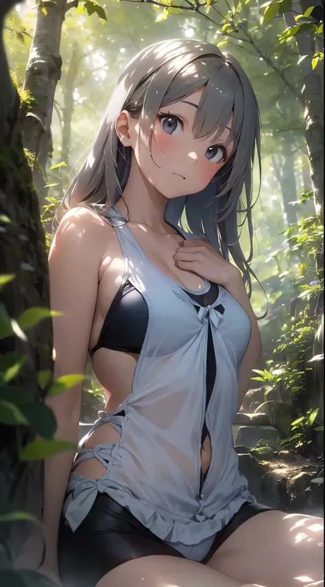 Set against the backdrop of a deep, lush forest, multiple young and beautiful Japanese women are depicted in full-body view, lying gracefully on the soft, natural forest floor with dappled sunlight filtering through the towering trees. They wear classic sc...