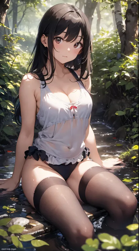 Set against the backdrop of a deep, lush forest, multiple young and beautiful Japanese women are depicted in full-body view, lying gracefully on the soft, natural forest floor with dappled sunlight filtering through the towering trees. They wear classic sc...