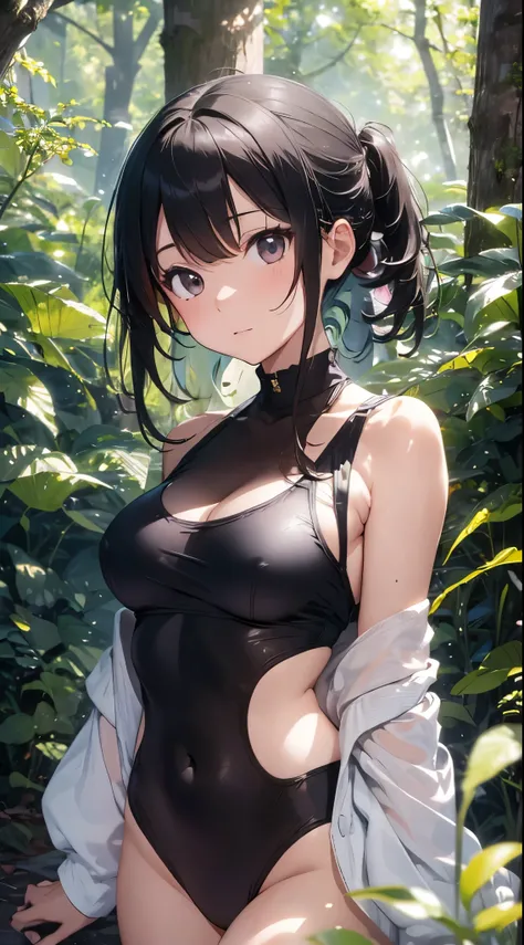 Set against the backdrop of a deep, lush forest, multiple young and beautiful Japanese women are depicted in full-body view, lying gracefully on the soft, natural forest floor with dappled sunlight filtering through the towering trees. They wear classic sc...