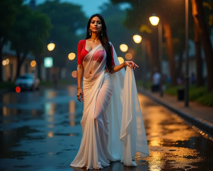 A full-body image of Gorgeous tall Indian girl,wide angle shot,full body shot,woman is dancer on her tip toes elegantly posed,showing the person head to toe.,(Indian woman:1.6), 20s, straight wet black hair, fit body, wet body, (dressed in wet white saree)...