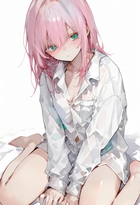 748cmstyle,white background,pink hair,aqua eyes,naked dress shirt,hair between eyes,wariza