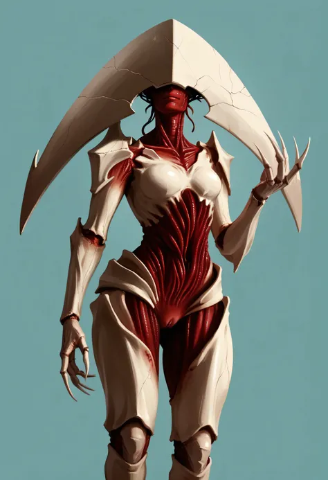 score_9, score_8_up, score_7_up, score_6_up, score_5_up, score_4_up, 1girl, solo, monster, faceless, eyeless, thick thighs, no humans, claws, red skin, colored skin, armor, breasts, helmet, standing, 
(light blue background), simple background, pussy, vagi...