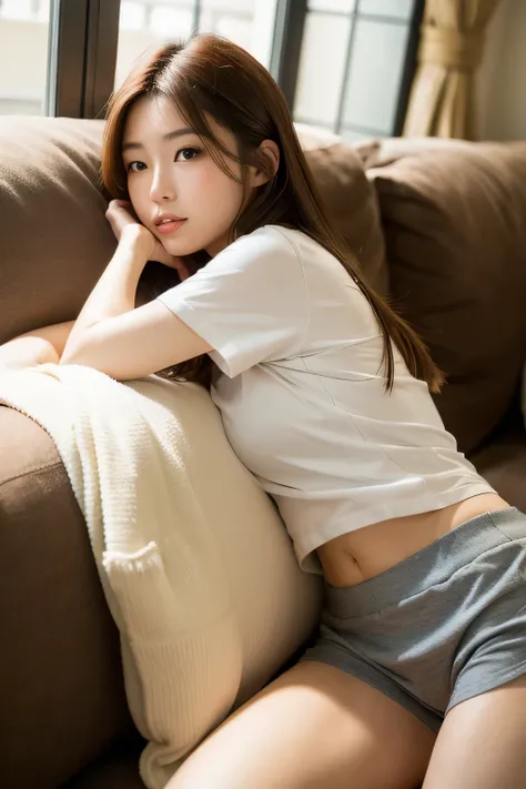 Beautiful Japanese woman. She has long brown hair. Lying sideways on couch indoors, wearing white short sleeve shirt and short gym shorts, blurry background, soft interior lighting