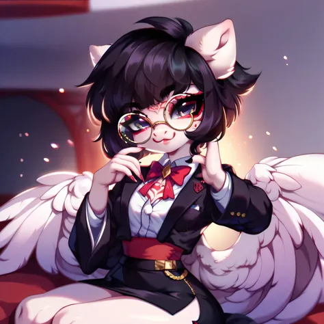 furry, white coat color, , girl, large round glasses, short hair, Black hair turns purple, horn, pegasus wings, chest, waist, black skirt, Japanese clothes, white shirt, black blazer, red neck bow, succubus tattoo, environment bed, Cute, soft character, ...