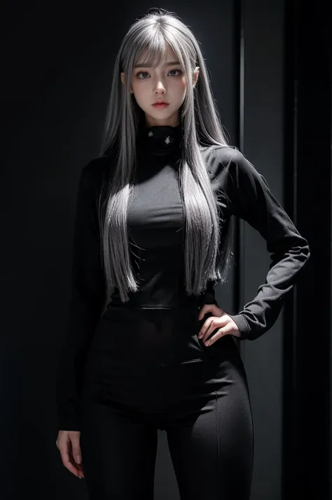 standing,Military Uniforms,pants,black military uniform,whole body,Height: 168cm,almond shape eyes,{{{{{silver eyes}}}}},{{{{{dull bangs}}}}},(slanted eyes},{{whole body},{{{1 girl}}}, long hair, straight hair,{{{{silver hair}}}},{{{tsurime}}},30 years old...