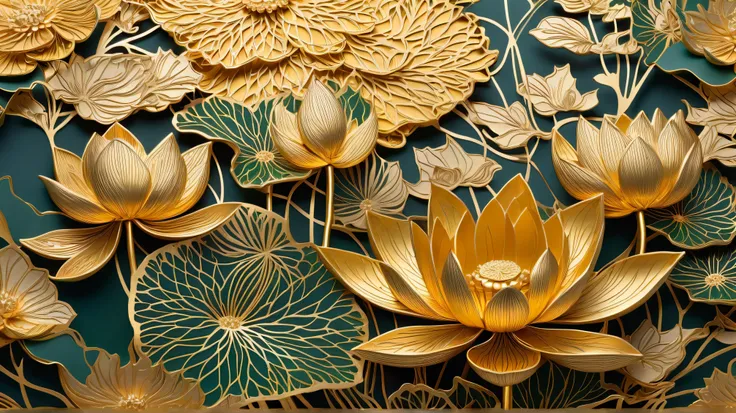 creating a highly realistic and detailed image of an intricate gold paper art piece, features intertwined herbs and blooming lotuses, With delicate gold details and long flowing petals.