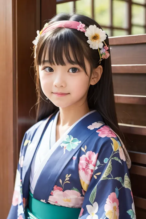 A beautiful elementary school student, one , Floral pattern on kimono 、Bust、I&#39; drinking tea and relaxing 、top quality、Hair is black、smile, I'm drinking steaming greentea,bust up, Cherry blossoms in the background , squats,Tight lower body,looking at th...