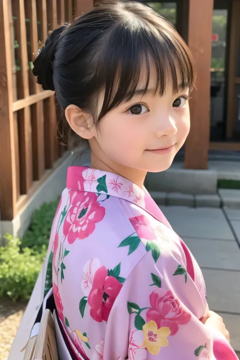 A beautiful elementary school student, one , Floral pattern on kimono 、Bust、I&#39; drinking tea and relaxing 、top quality、Hair is black、smile, I'm drinking steaming greentea,bust up, Cherry blossoms in the background , squats,Tight lower body,looking at th...