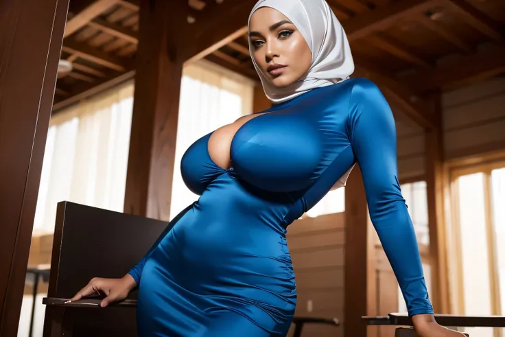 Two 20-year-old women,Hijab, (satin flowing turtle neck maxi dress), Theme, Calm tone, Calm colors, High Contrast, (Natural skin texture, Hyperrealism, Soft Light, sharp), Simple Background, slim body with Large Breasts, (Large Breasts: 1.6) , Giant , Larg...