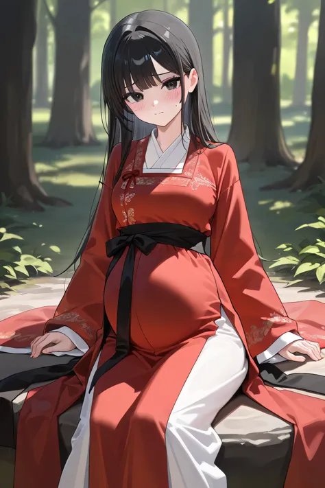 (Best quality, 4k, 8k, high resolution, masterpiece:1.2), ultra detailed, intricate details, beautiful girl, alone, long black hair, bangs, black eyes, small-medium breasts, perfect smooth skin, looking at viewer, head tilted, traditional Asian clothing, r...