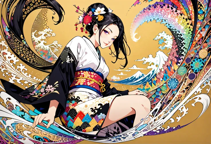 Otohime riding a big star, Otohime's kimono shines brightly and stretches as a trajectory, sitting across the stars, very beautiful kimono, ((( gold background, star world ))), 8k wallpaper with a sense of unity, ultra detailed , beautiful and artistic...