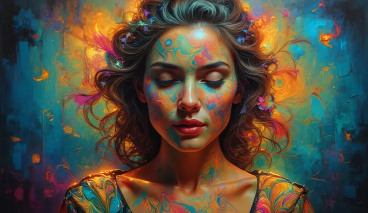A woman's face with a tender, enigmatic smile, her hair morphing into a lush tapestry of wildflowers that undulate in harmony with the curves of F(x) = x⁴ sin(x) + cos(x³) sin(x²), as if the very fabric of reality has been woven into a whi...