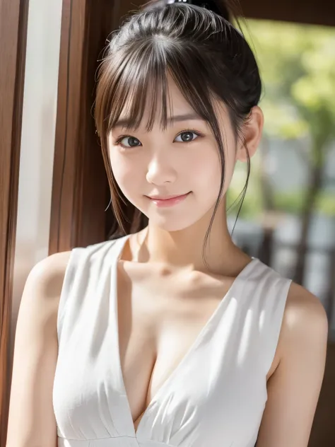 sleeveless,  ponytail, Japanese woman, 8k, Legal Photography, best quality, masterpiece, realistic,  Photorealistic and very detailed, One Woman, cute, smile,  beautiful eyes, long hair,  perfect faces, face like a japanese idol ,Chest、looking at the camer...