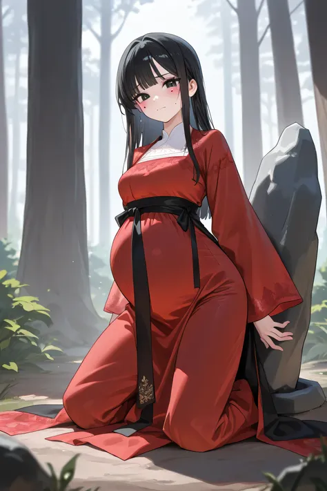 (Best quality, 4k, 8k, high resolution, masterpiece:1.2), ultra detailed, intricate details, beautiful girl, alone, long black hair, bangs, black eyes, small-medium breasts, perfect smooth skin, looking at viewer, head tilted, traditional Asian clothing, r...
