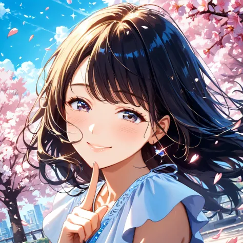 A young smiling beautiful woman blowing in the calm wind in spring, spring breeze, She puts her index finger to her lips in a haughty smile and whisper “Secret.”, A single beautiful lady with so many cherry blossom petals with spring wind, cherry blossoms,...