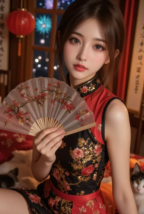 Cat ears、 face up, attractive, pretty girl, ponytail、 (( fine facial features , eroticism)), dramatic lighting , realistic , 8k, Dramatic Shadows , intricate and elaborate patterns , super detailed photo , chiaroscuro lighting , Pleasant colors , deep cont...
