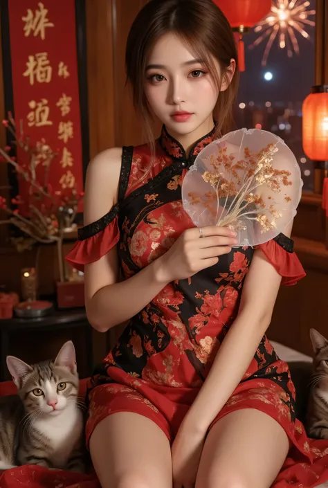 Cat ears、 face up, attractive, pretty girl, ponytail、 (( fine facial features , eroticism)), dramatic lighting , realistic , 8k, Dramatic Shadows , intricate and elaborate patterns , super detailed photo , chiaroscuro lighting , Pleasant colors , deep cont...