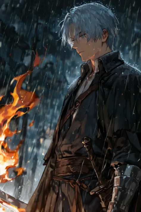 with white blue hair, on a rainy night , Middle Ages, He is wearing a sword and flames are blazing in one hand, The weather is clear,