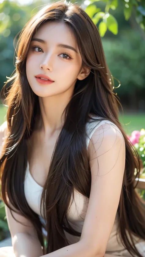 "(best quality, highres, ultra-detailed: 1.2), realistic, beautiful detailed eyes, beautiful detailed lips, extremely detailed eyes and face, girl with super long brown hair, mesmerizing gaze, gentle smile, soft and delicate face, elegant pose, vibrant col...