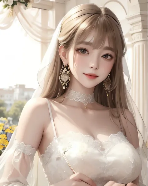 best quality、masterpiece、 Vivid 、beautiful girl、1 person、double eyelids、big eyes、sepia eyes 、 has bangs、gold hair、((white lace dress、Organza))、princess、choker、earrings、corolla、 natural smile 、Flower Field