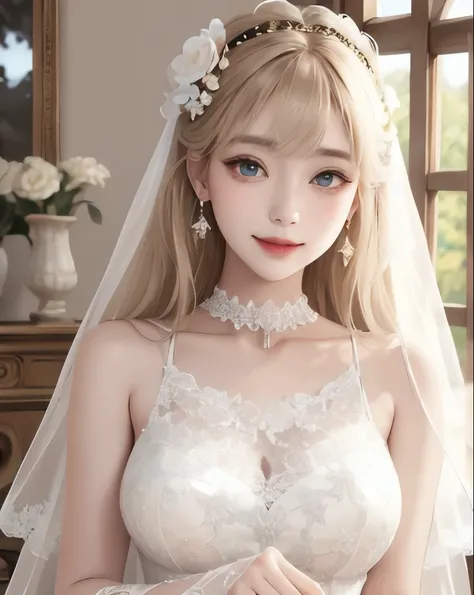 best quality、masterpiece、 Vivid 、beautiful girl、1 person、double eyelids、big eyes、sepia eyes 、 has bangs、gold hair、((white lace dress、Organza))、princess、choker、earrings、corolla、 natural smile 、Flower Field