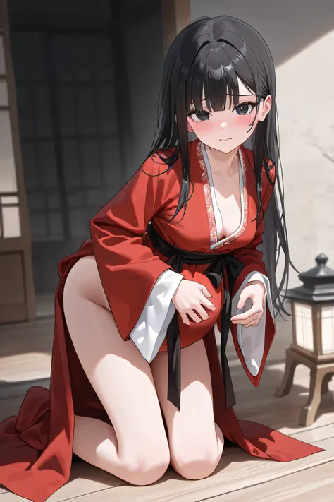 (Best quality, 4k, 8k, high resolution, masterpiece:1.2), ultra detailed, intricate details, beautiful girl, alone, long black hair, bangs, black eyes, small-medium breasts, perfect smooth skin, looking at viewer, head tilted, traditional Asian clothing, r...