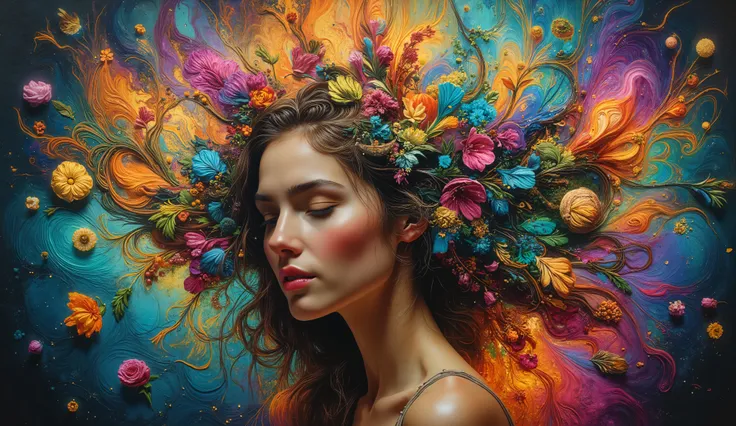 A woman's face with a tender, enigmatic smile, her hair morphing into a lush tapestry of wildflowers that undulate in harmony with the curves of F(x) = x⁴ sin(x) + cos(x³) sin(x²), as if the very fabric of reality has been woven into a whi...