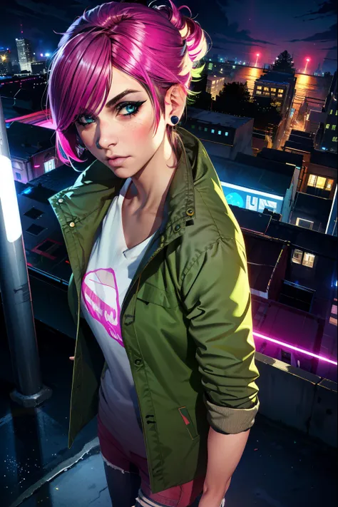 (extremely detailed CG unity 4k wallpaper),(best illustration),(best shadow),(absurdres), simple night background), fetchxl, multicolored hair,pink hair, blue eyes, green jacket,white shirt with logo,shorts,earrings,jeans, standing,upper body, city rooftop...