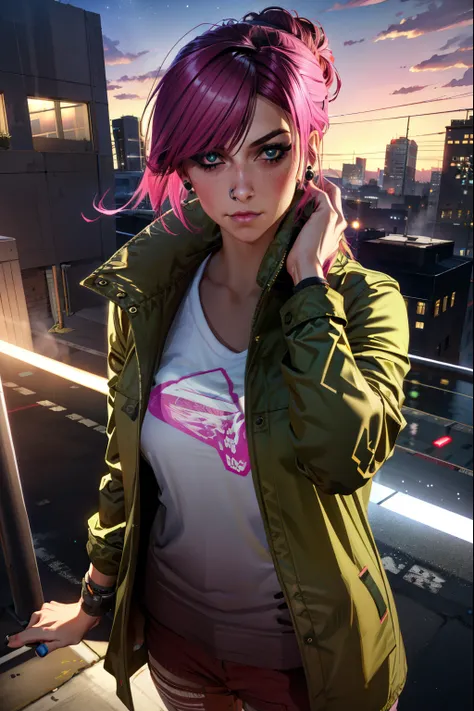 (extremely detailed CG unity 4k wallpaper),(best illustration),(best shadow),(absurdres), simple night background), fetchxl, multicolored hair,pink hair, blue eyes, green jacket,white shirt with logo,shorts,earrings,jeans, standing,upper body, city rooftop...