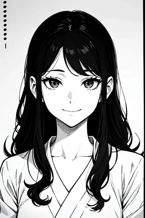 A mother who looks young, Alone in a portrait. seductive body with a sweet and gentle smile. wavy and long black haired. image made in black and white style of japanese manga